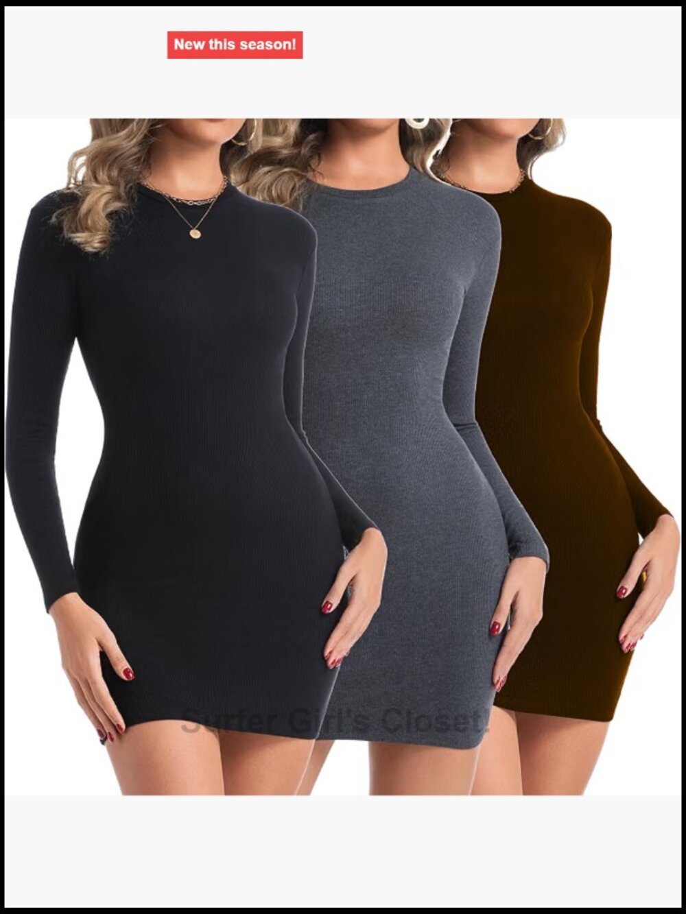 3 Pack Women's Long Sleeve Bodycon Mini Dress Ribbed Knit Fall Party Club Dress - Picture 1 of 6